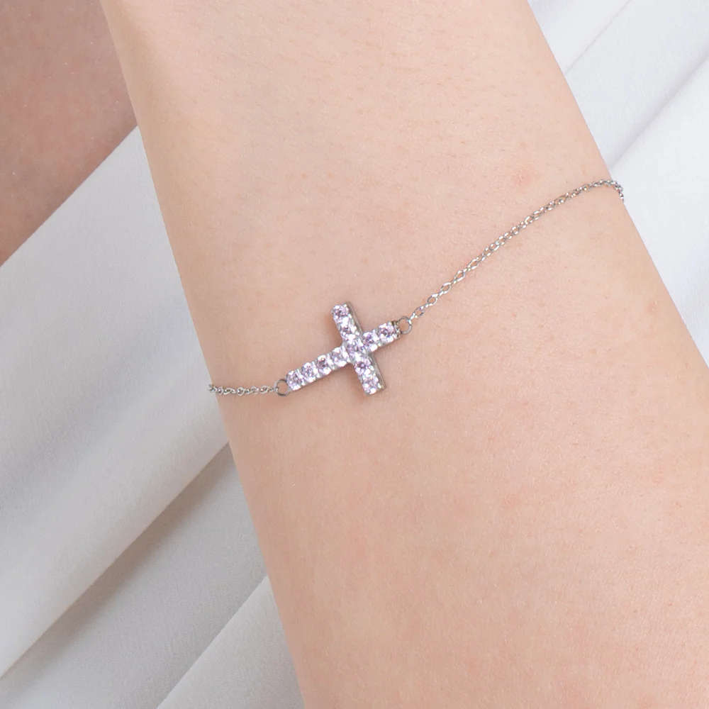 BRACCIALE DONNA IN ACCIAIO CON CROCE E ZIRCONI ROSA - Image 2