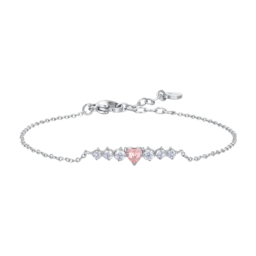 BRACCIALE DONNA IN ACCIAIO CON CUORE ROSA E CRISTALLI BIANCHI