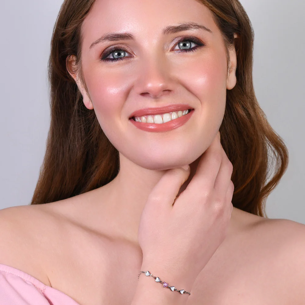 BRACCIALE DONNA IN ACCIAIO CON CUORI E ZIRCONE ROSA - Image 3