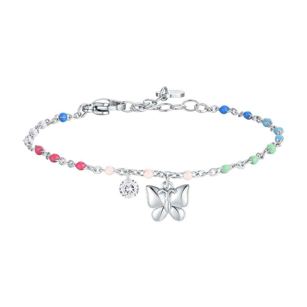 BRACCIALE DONNA IN ACCIAIO CON FARFALLA,CRISTALLO E PIETRE CON SMALTO MULTICOLOR