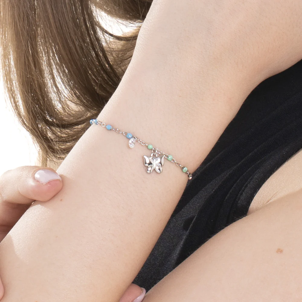 BRACCIALE DONNA IN ACCIAIO CON FARFALLA,CRISTALLO E PIETRE CON SMALTO MULTICOLOR - Image 2