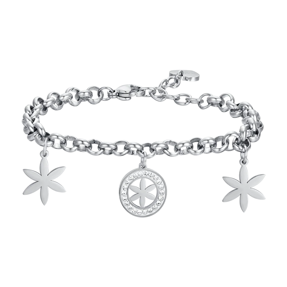 BRACCIALE DONNA IN ACCIAIO CON FIORE DELLA VITA E CRISTALLI BIANCHI