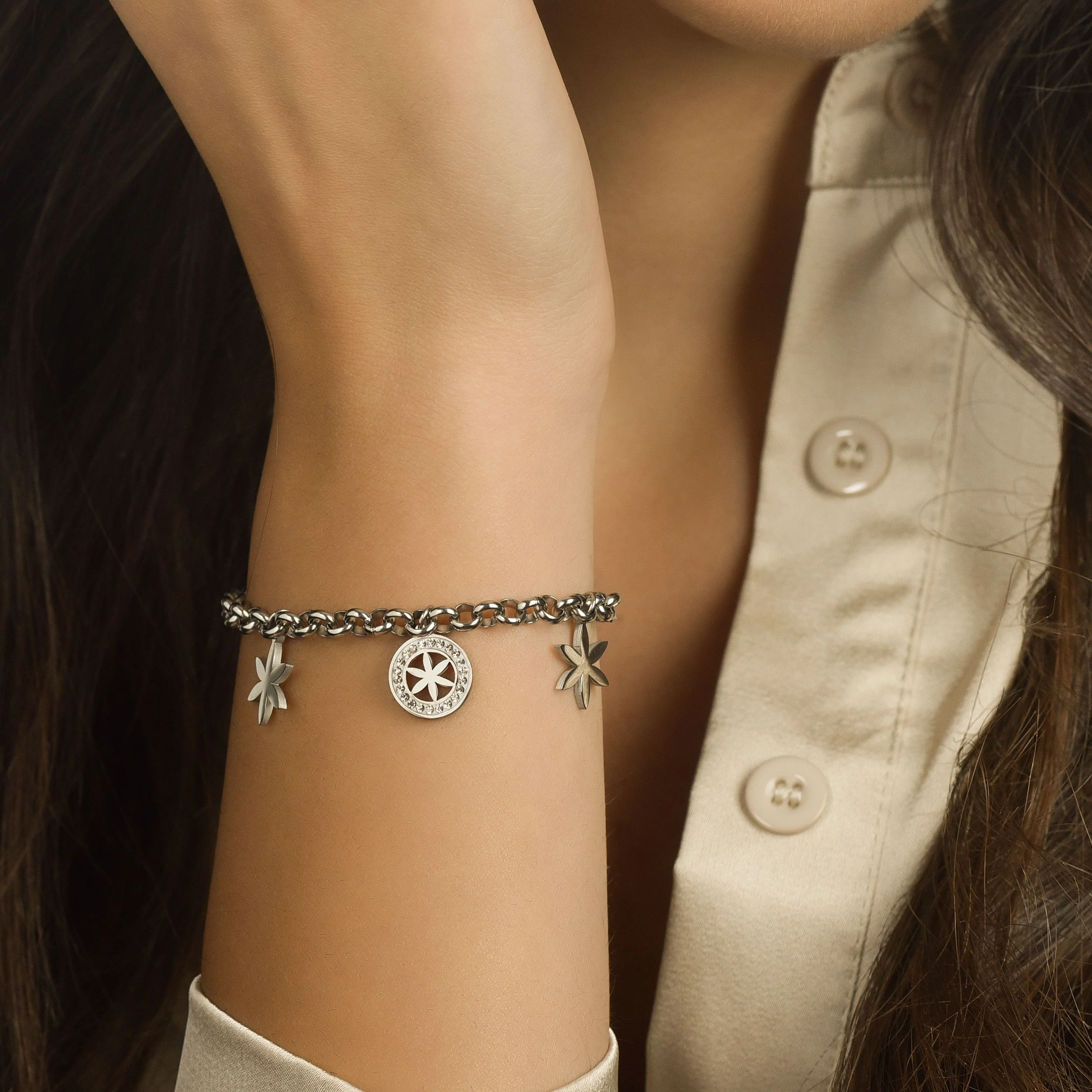 BRACCIALE DONNA IN ACCIAIO CON FIORE DELLA VITA E CRISTALLI BIANCHI - Image 2