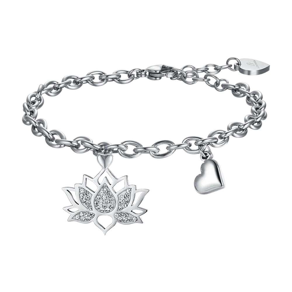 BRACCIALE DONNA IN ACCIAIO CON FIORE DI LOTO CON CRISTALLI BIANCHI