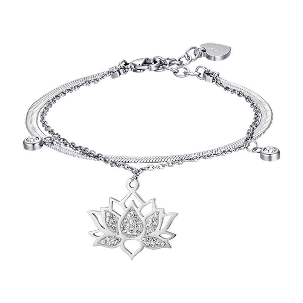 BRACCIALE DONNA IN ACCIAIO CON FIORE DI LOTO CON CRISTALLI BIANCHI
