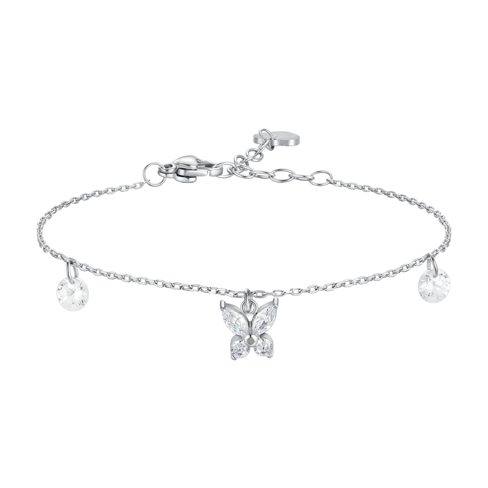 BRACCIALE DONNA IN ACCIAIO CON PENDENTE FARFALLA ED ALI ZIRCONE BIANCO