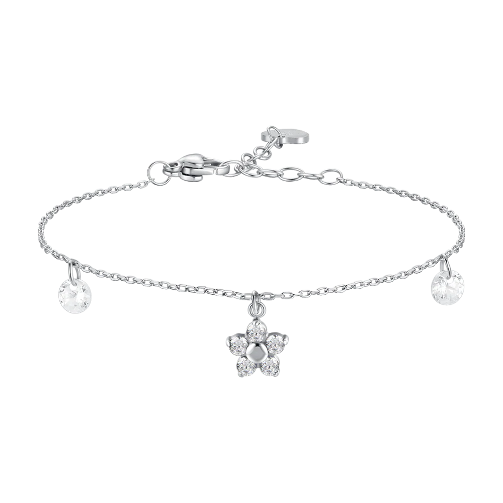 BRACCIALE DONNA IN ACCIAIO CON PENDENTE FIORE E PETALI ZIRCONE BIANCO