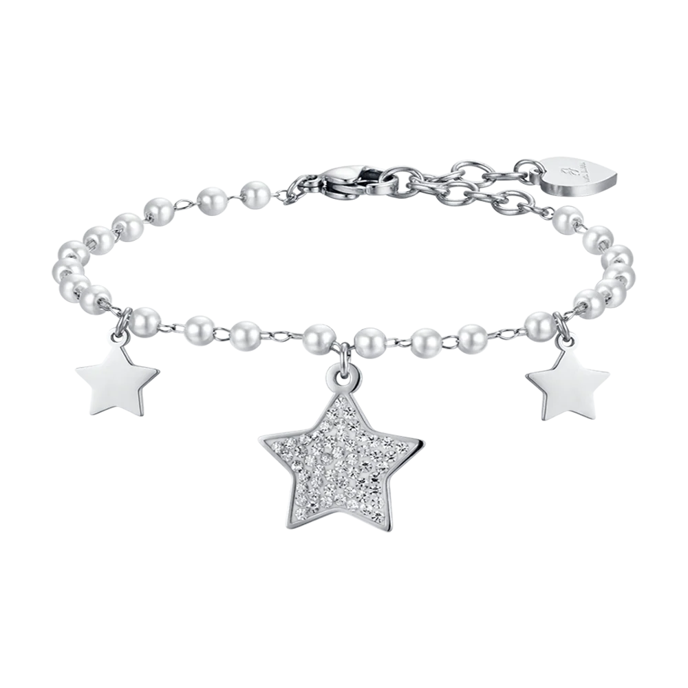 BRACCIALE DONNA IN ACCIAIO CON PERLE BIANCHE E STELLE