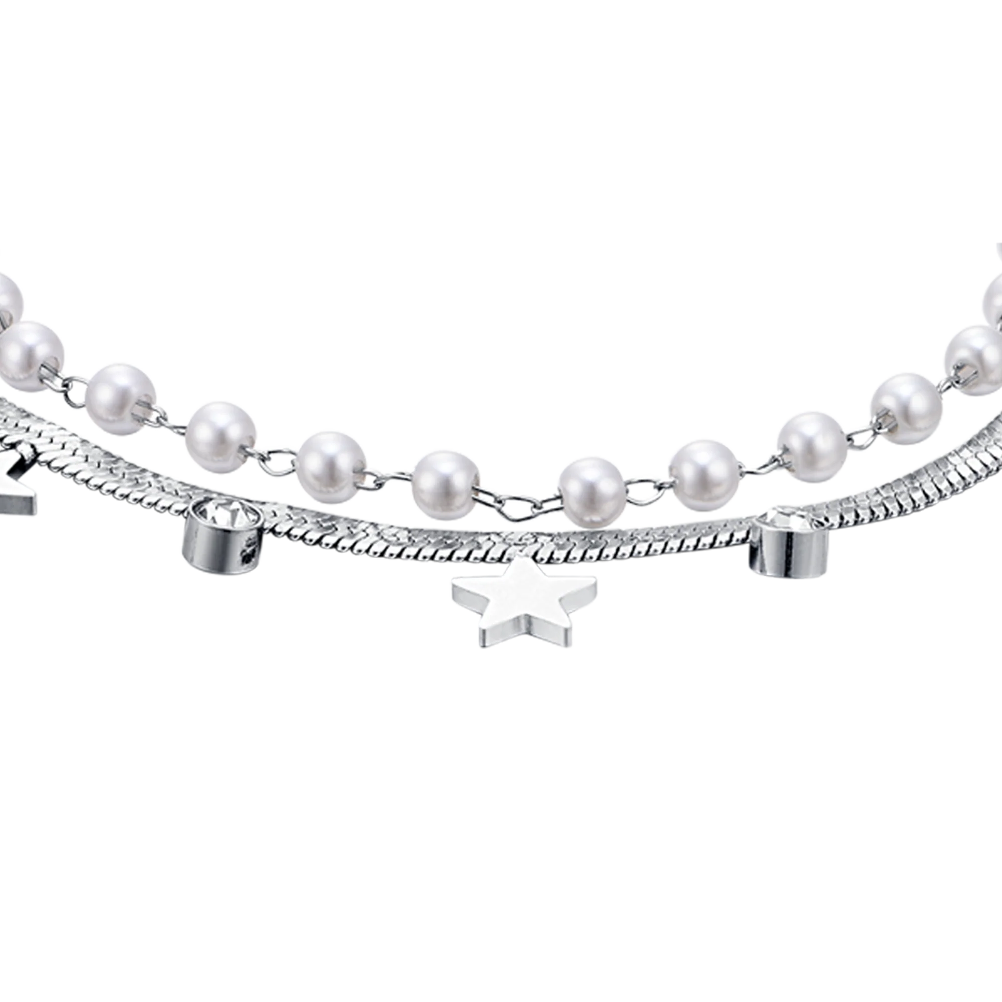 BRACCIALE DONNA IN ACCIAIO CON PERLE BIANCHE, STELLE E CRISTALLI - Image 4