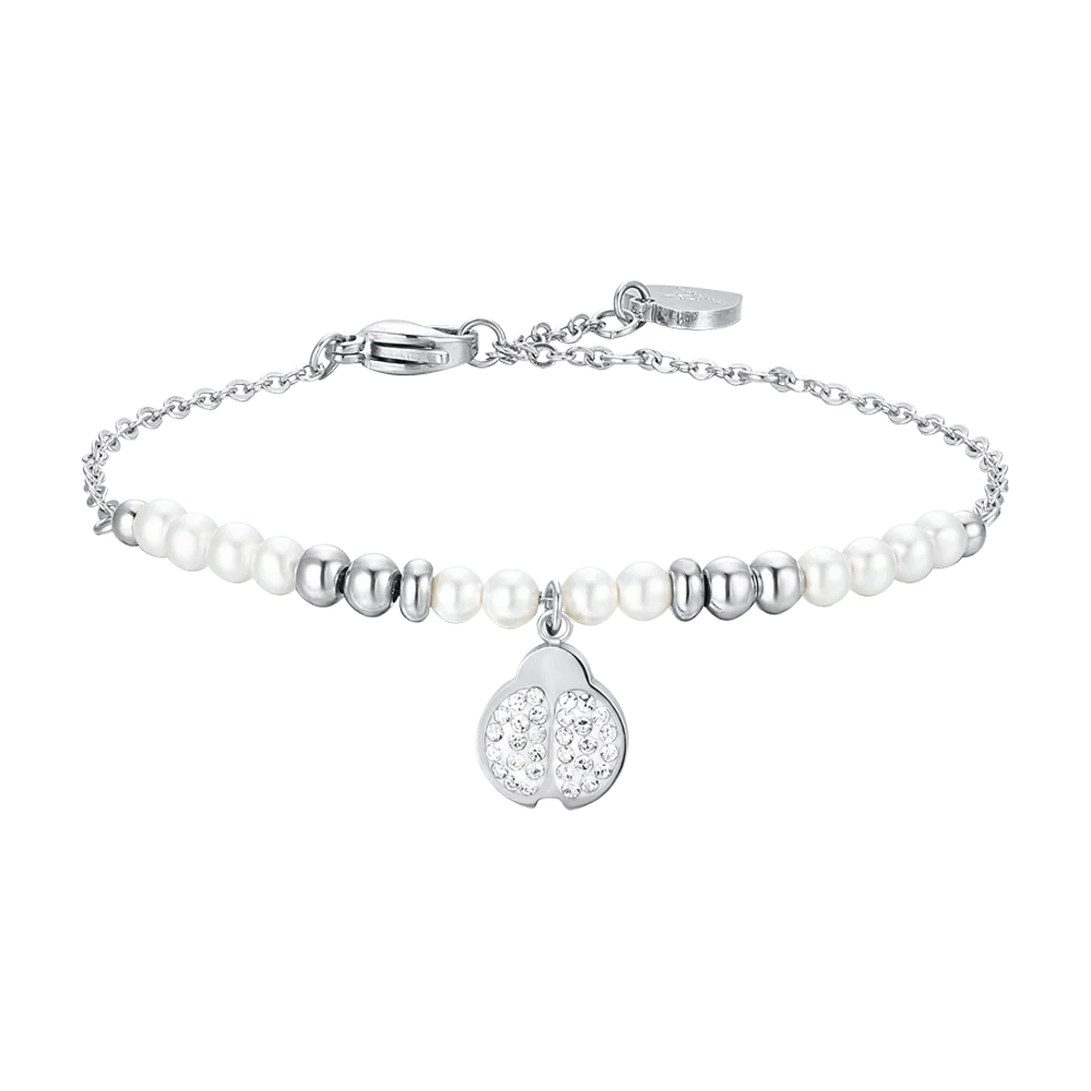 BRACCIALE DONNA IN ACCIAIO CON PERLE SINTETICHE E COCCINELLA