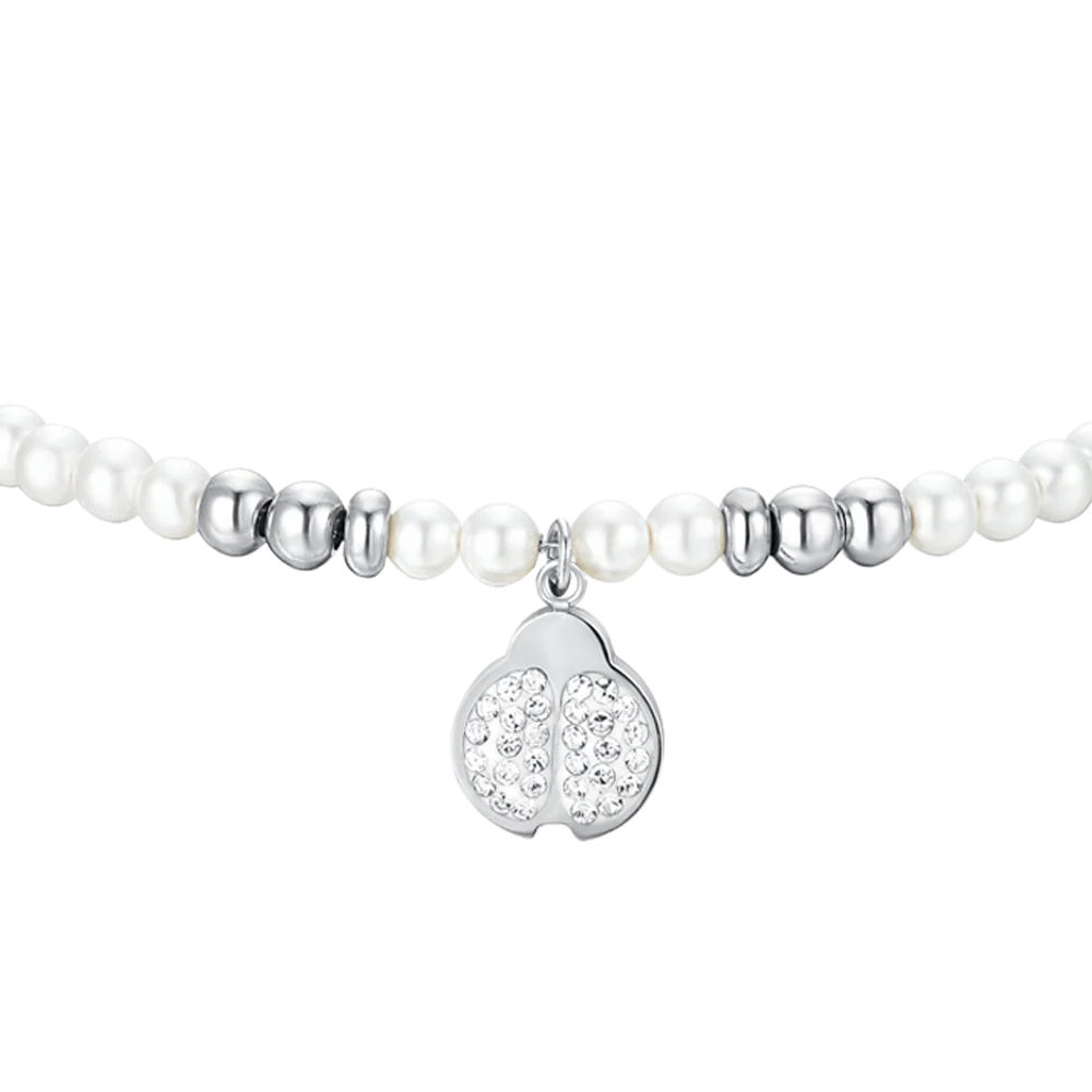 BRACCIALE DONNA IN ACCIAIO CON PERLE SINTETICHE E COCCINELLA - Image 4