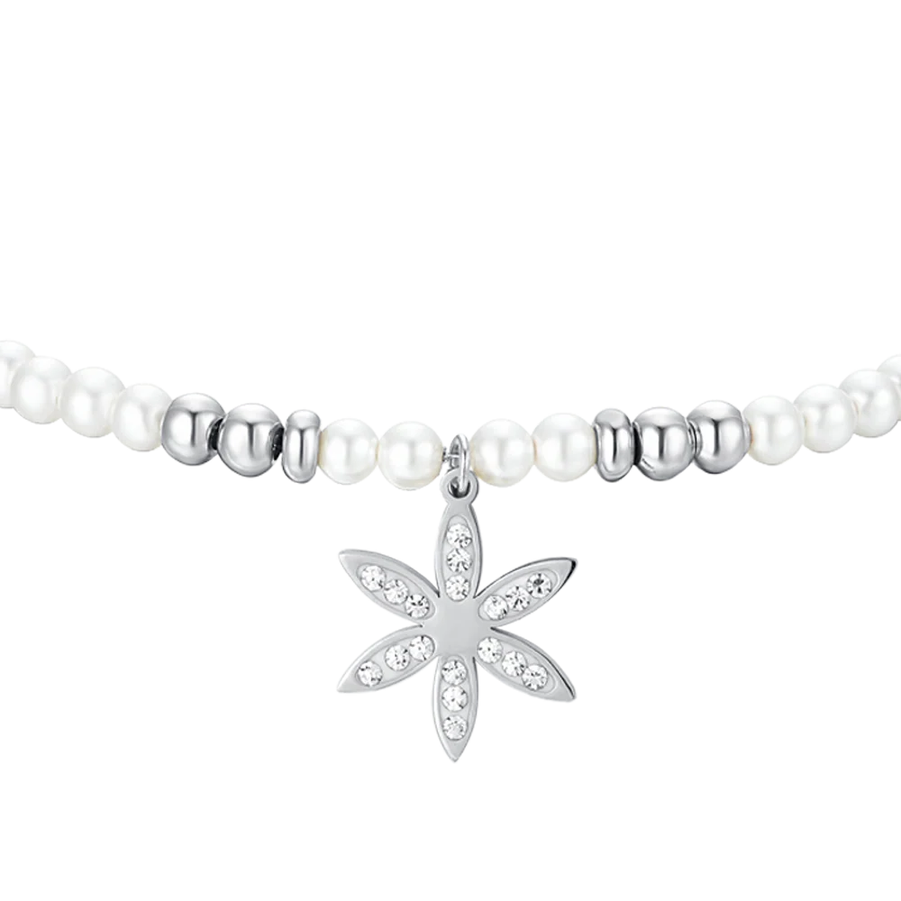 BRACCIALE DONNA IN ACCIAIO CON PERLE SINTETICHE E FIORE DELLA VITA - Image 4