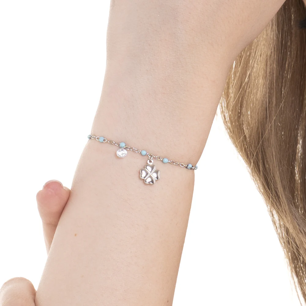 BRACCIALE DONNA IN ACCIAIO CON QUADRIFOGLIO,CRISTALLO E PIETRE CON SMALTO TURCHE - Image 2