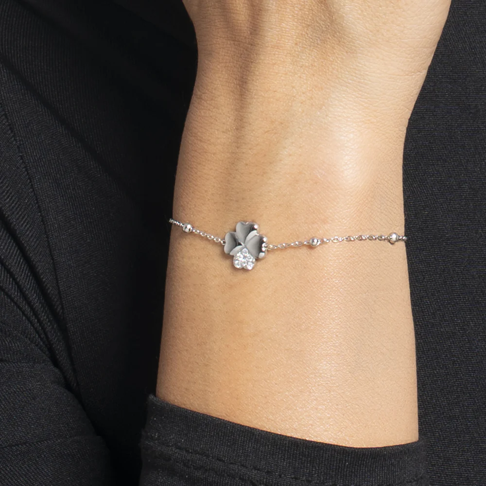 BRACCIALE DONNA IN ACCIAIO CON QUADRIFOGLIO E PUNTI LUCE DI ZIRCONE BIANCO - Image 2