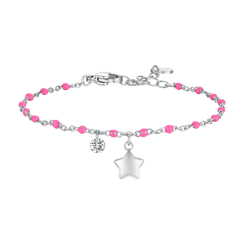 BRACCIALE DONNA IN ACCIAIO CON STELLA, CRISTALLO E PIETRE CON SMALTO FUCSIA