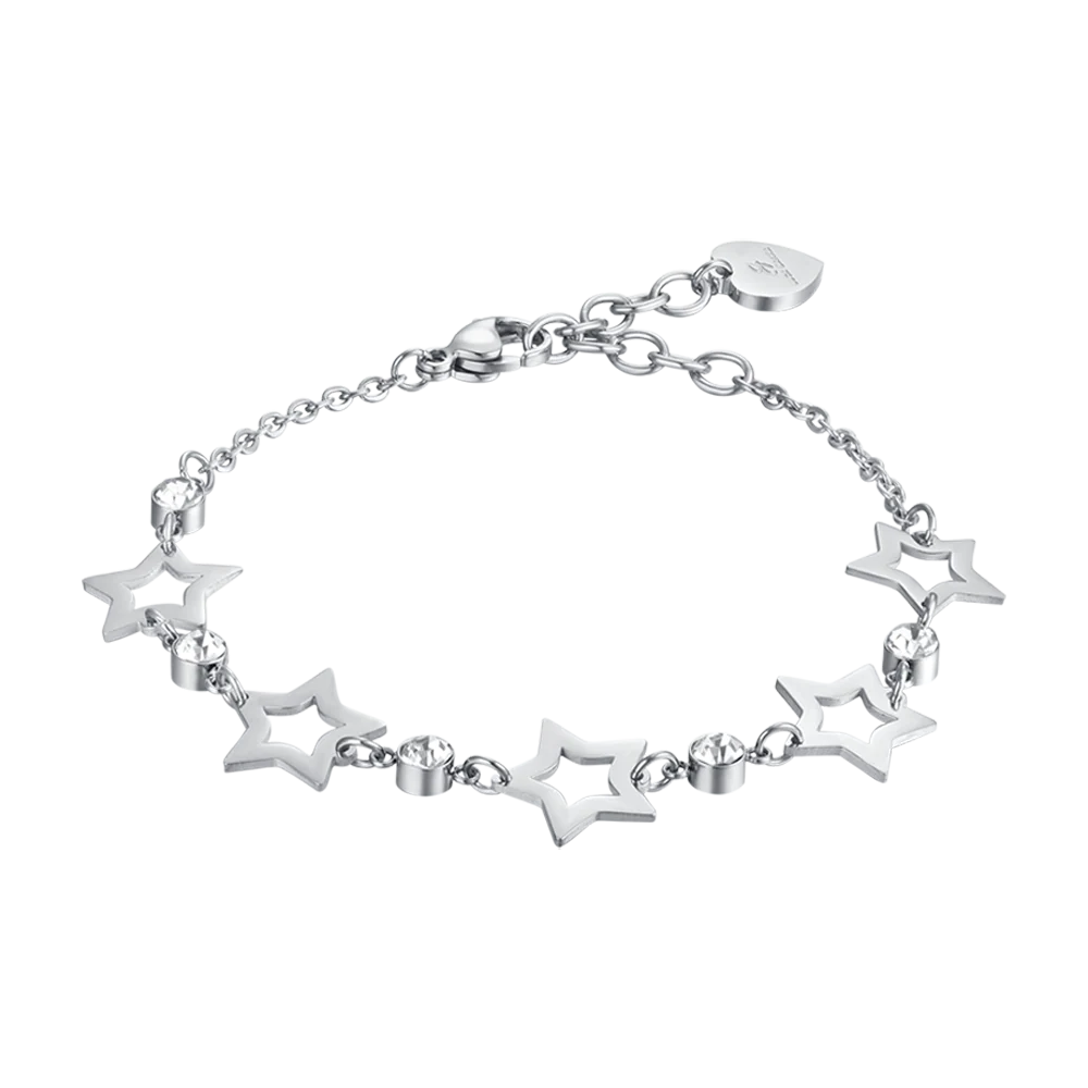 BRACCIALE DONNA IN ACCIAIO CON STELLE TRAFORATE E CRISTALLI BIANCHI