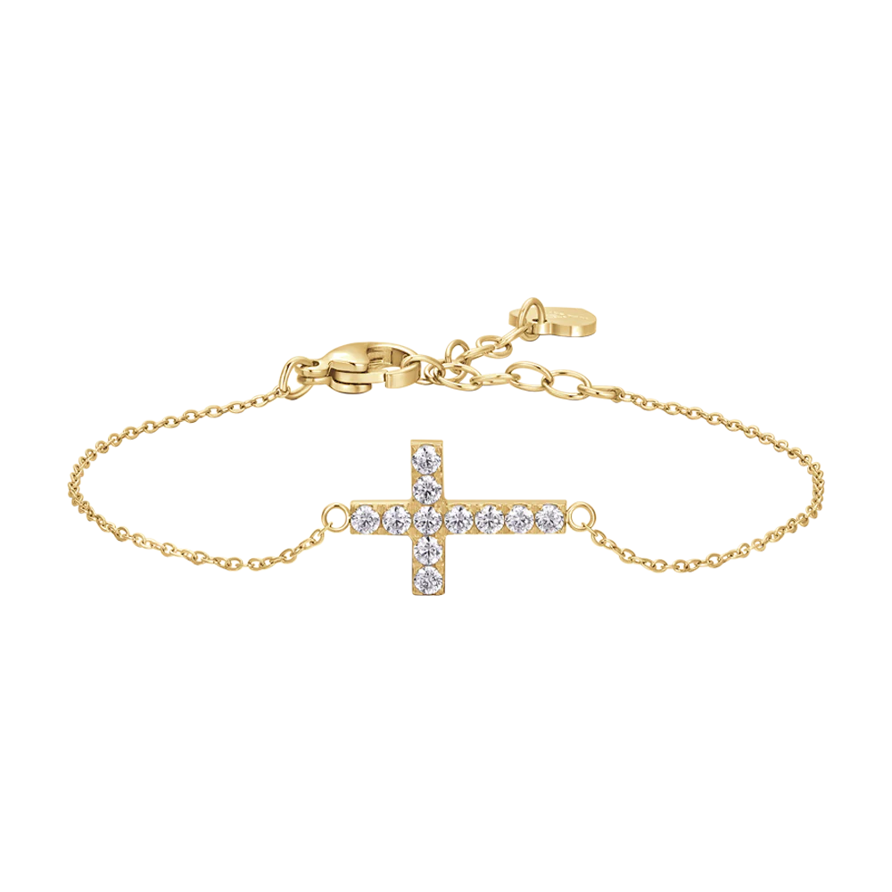 BRACCIALE DONNA IN ACCIAIO E IP GOLD CON CROCE E ZIRCONI BIANCHI