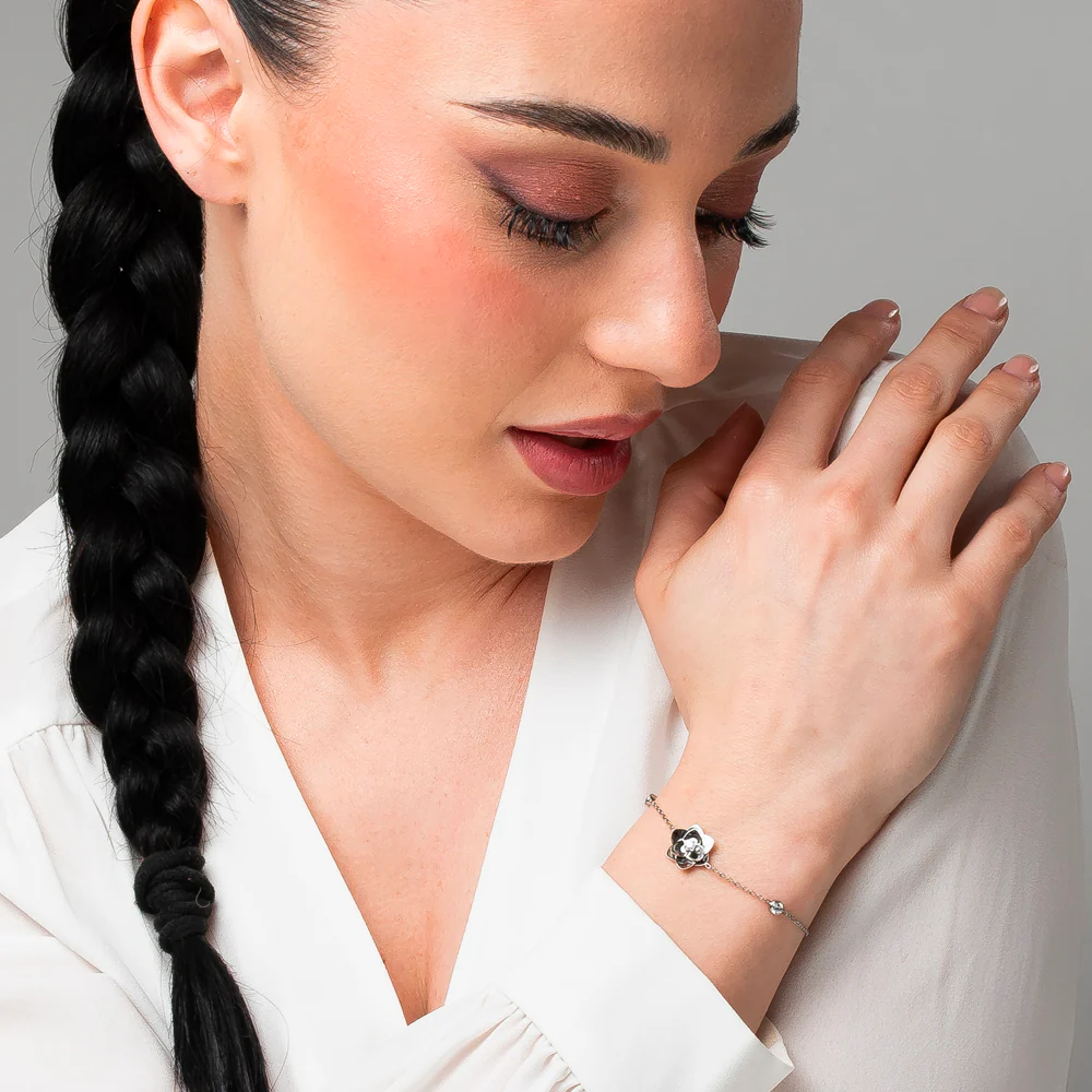 BRACCIALE DONNA IN ACCIAIO, FIORE ED ELEMENTI CON ZIRCONI BIANCHI - Image 3