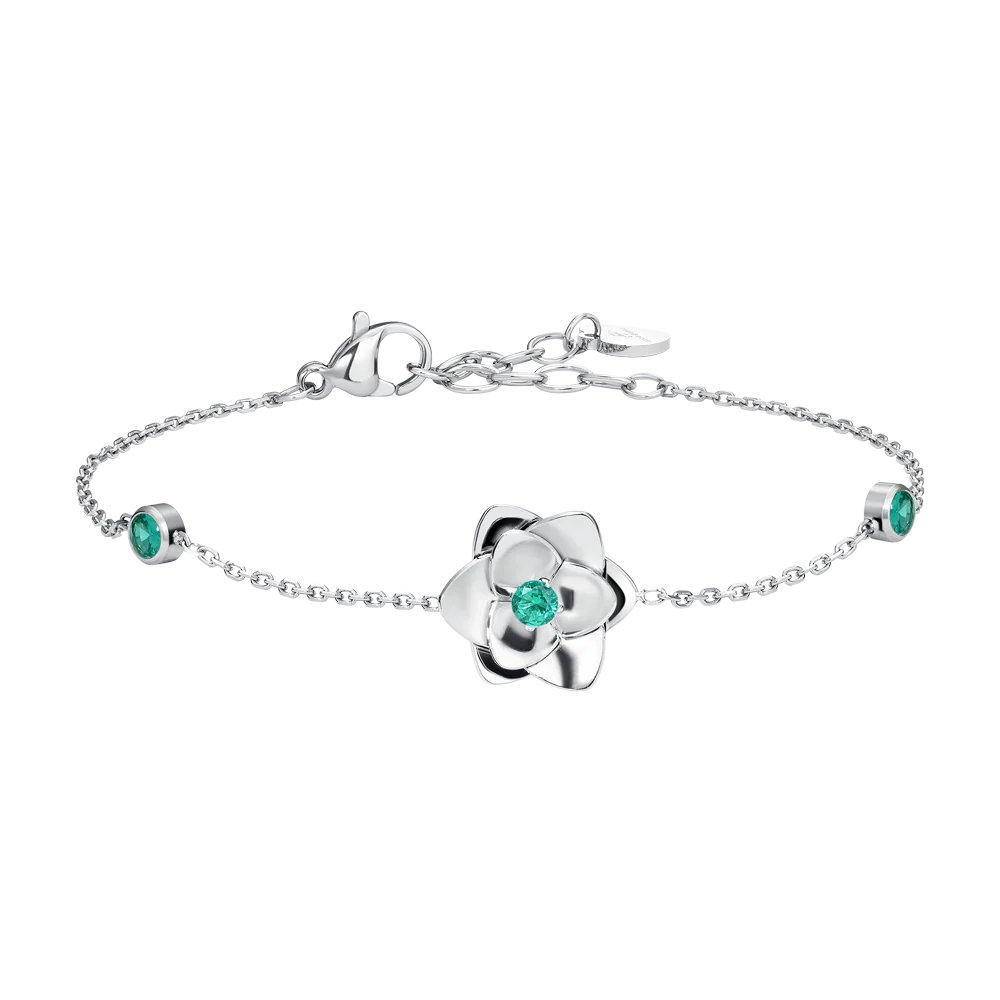 BRACCIALE DONNA IN ACCIAIO, FIORE ED ELEMENTI CON ZIRCONI VERDI