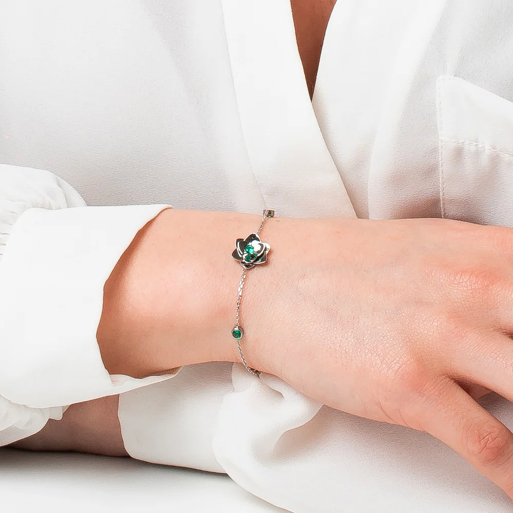 BRACCIALE DONNA IN ACCIAIO, FIORE ED ELEMENTI CON ZIRCONI VERDI - Image 2