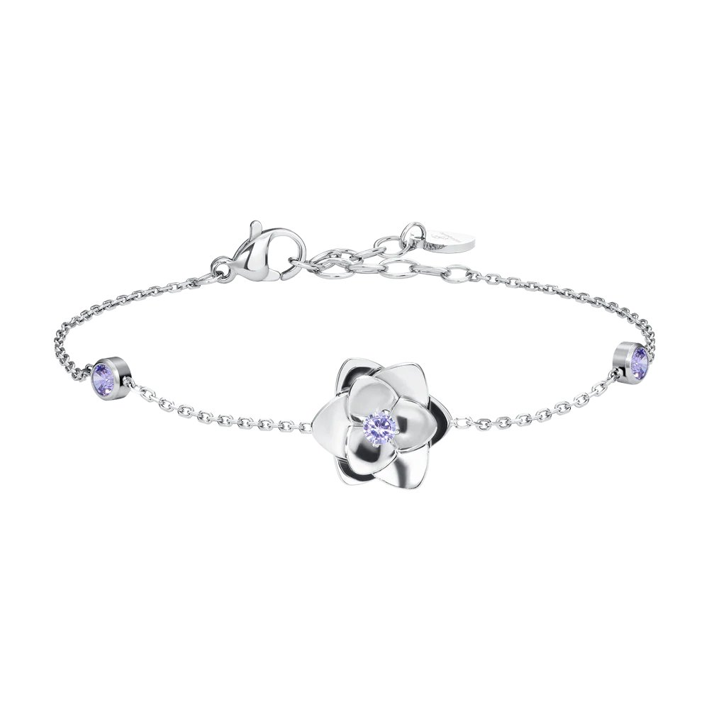 BRACCIALE DONNA IN ACCIAIO, FIORE ED ELEMENTI CON ZIRCONI VIOLA