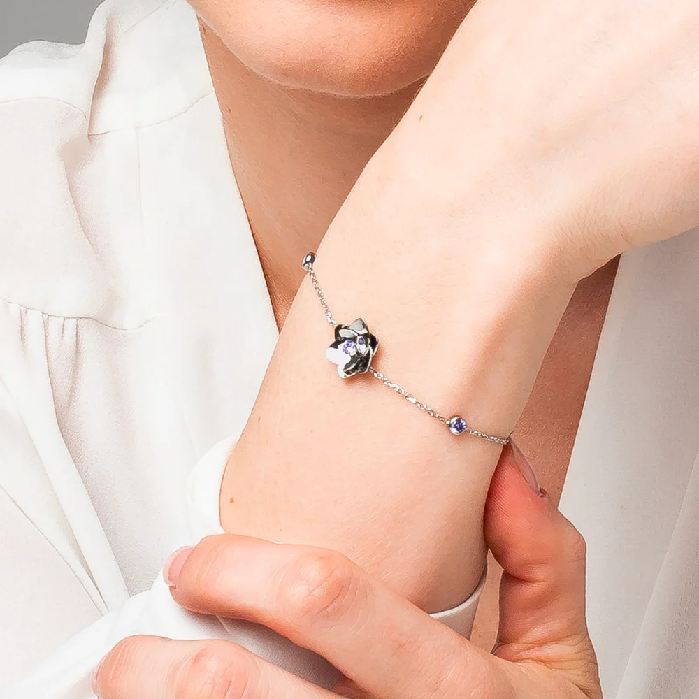 BRACCIALE DONNA IN ACCIAIO, FIORE ED ELEMENTI CON ZIRCONI VIOLA - Image 2
