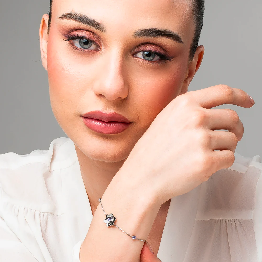 BRACCIALE DONNA IN ACCIAIO, FIORE ED ELEMENTI CON ZIRCONI VIOLA - Image 3