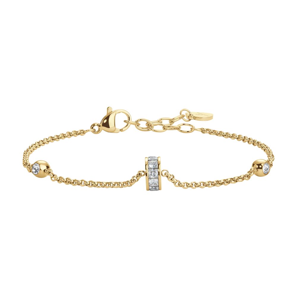BRACCIALE DONNA IN ACCIAIO IP GOLD, BUSSOLOTTO ED ELEMENTI CON ZIRCONI BIANCHI