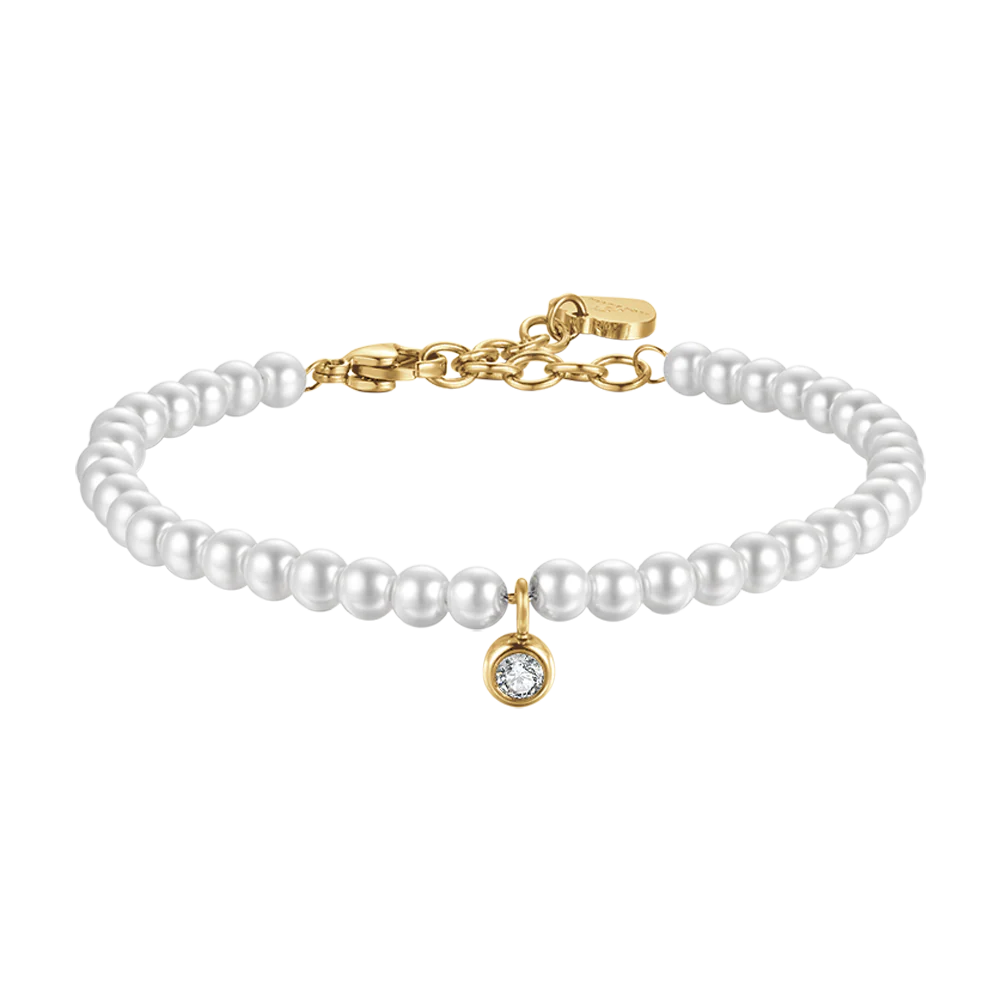 BRACCIALE DONNA IN ACCIAIO IP GOLD CON PERLE CON CRISTALLO BIANCO
