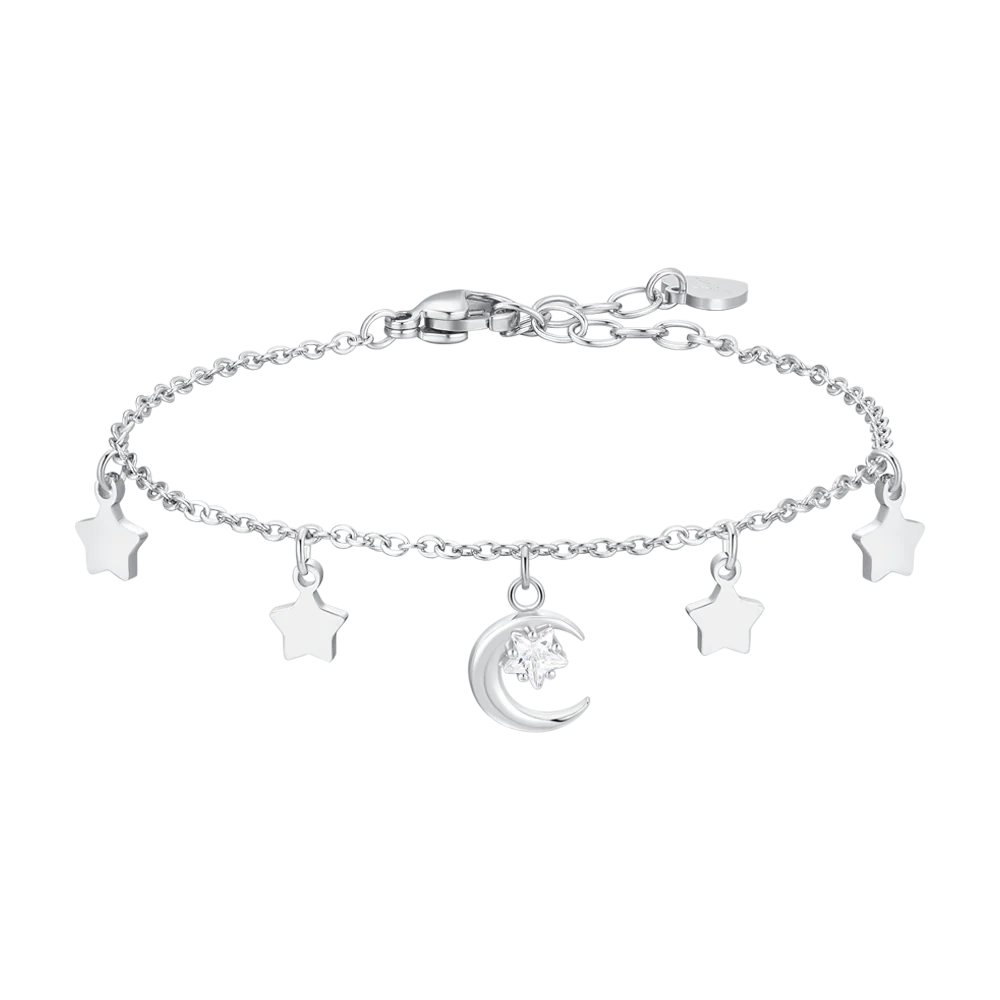 BRACCIALE DONNA IN ACCIAIO, LUNA CON ZIRCONE BIANCO E STELLE