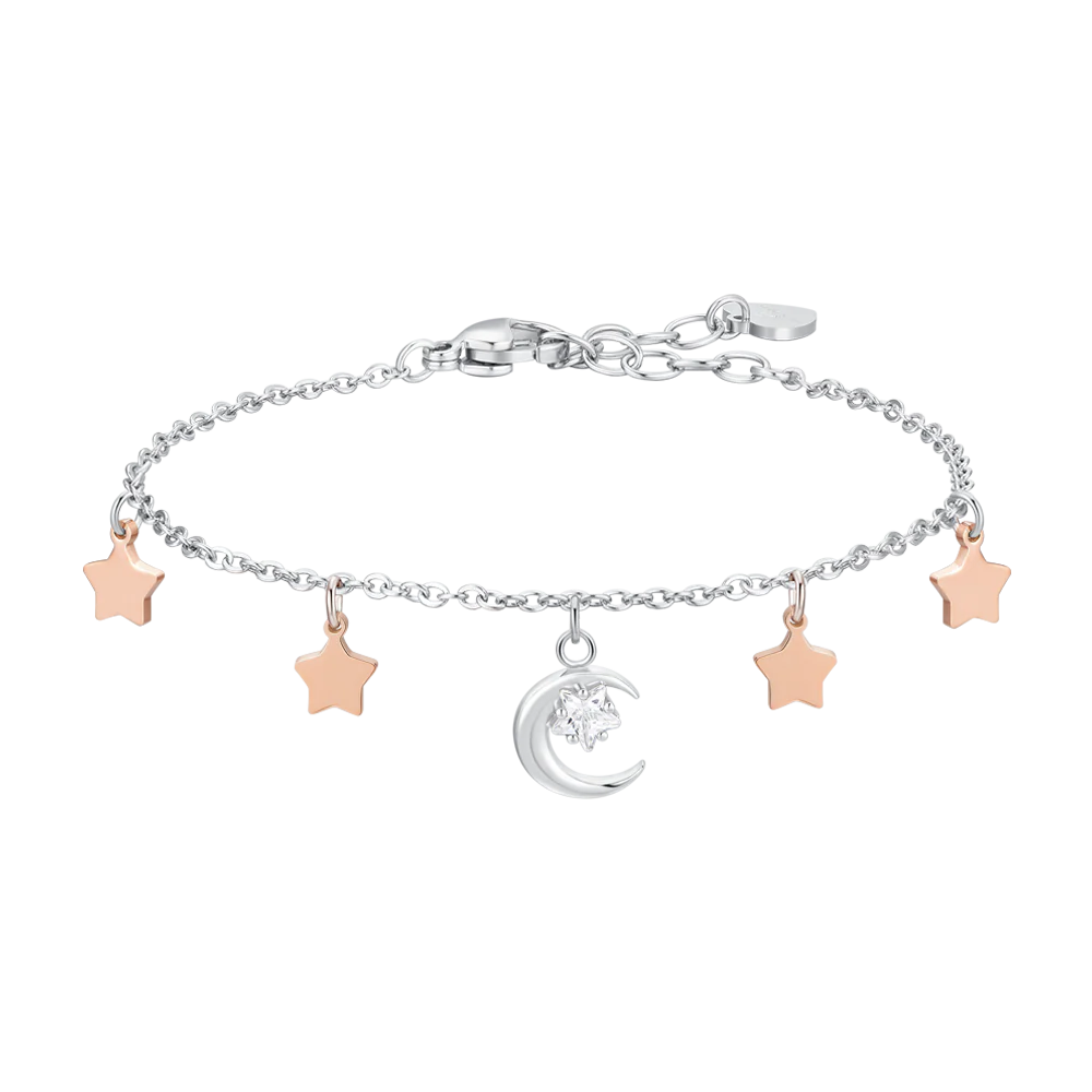 BRACCIALE DONNA IN ACCIAIO, LUNA CON ZIRCONE BIANCO E STELLE IP ROSE