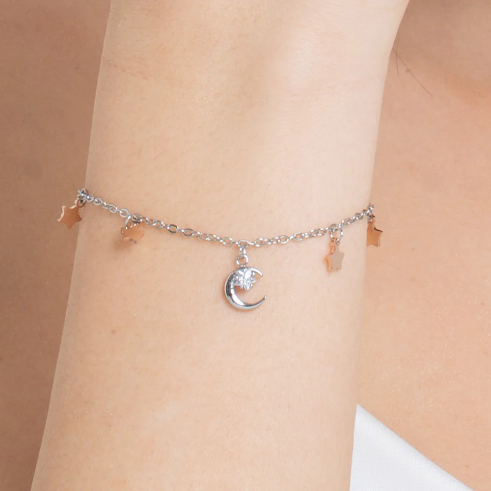 BRACCIALE DONNA IN ACCIAIO, LUNA CON ZIRCONE BIANCO E STELLE IP ROSE - Image 2