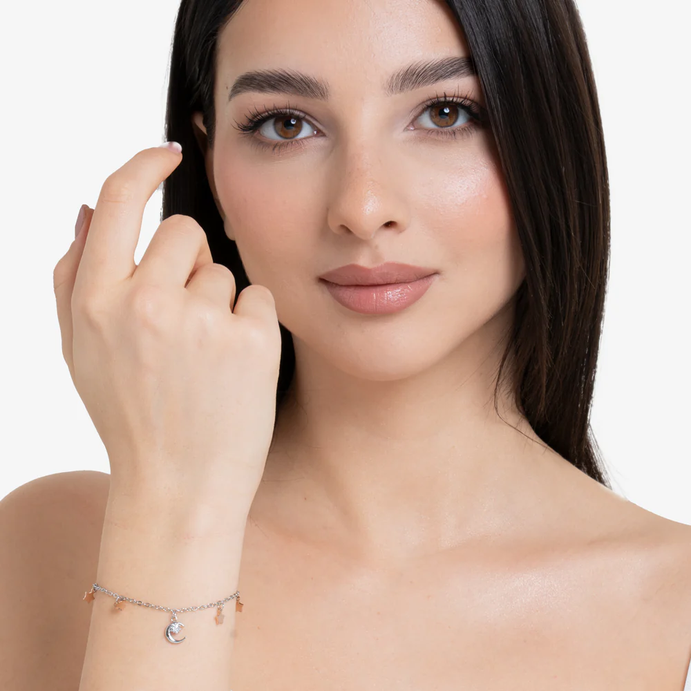 BRACCIALE DONNA IN ACCIAIO, LUNA CON ZIRCONE BIANCO E STELLE IP ROSE - Image 3