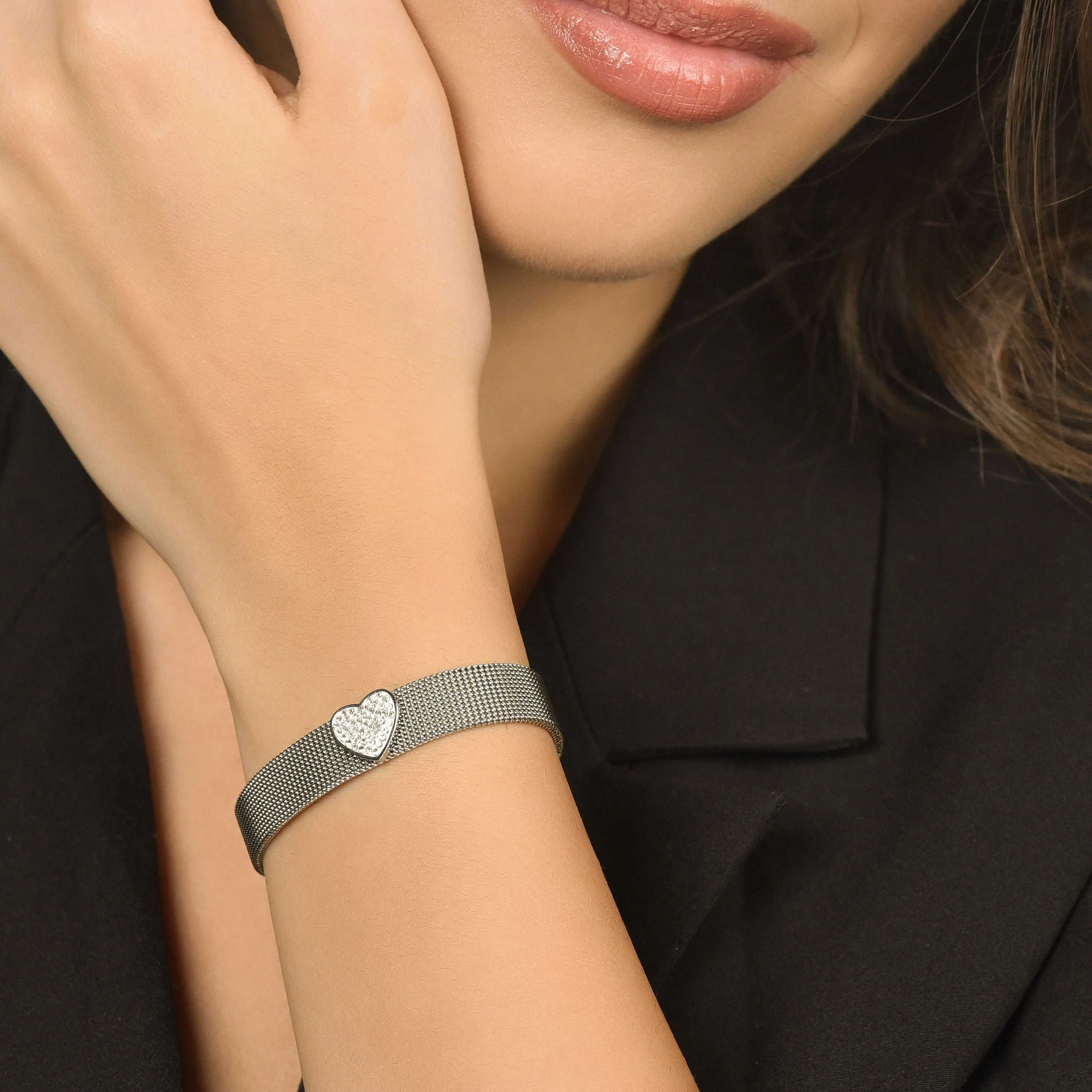 BRACCIALE DONNA IN ACCIAIO MAGLIA MILANO CON CUORE CON CRISTALLI BIANCHI - Image 2