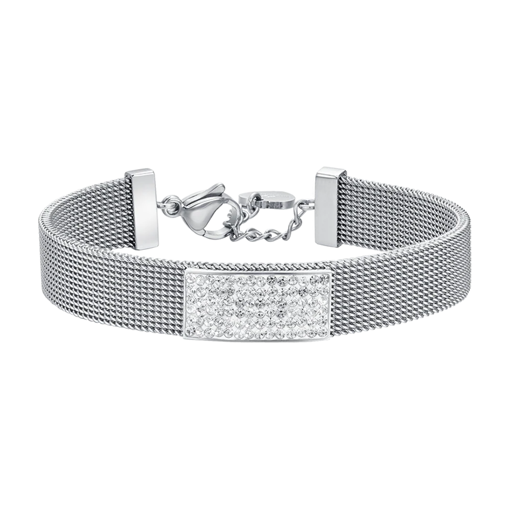 BRACCIALE DONNA IN ACCIAIO MAGLIA MILANO CON ELEMENTO CON CRISTALLI BIANCHI