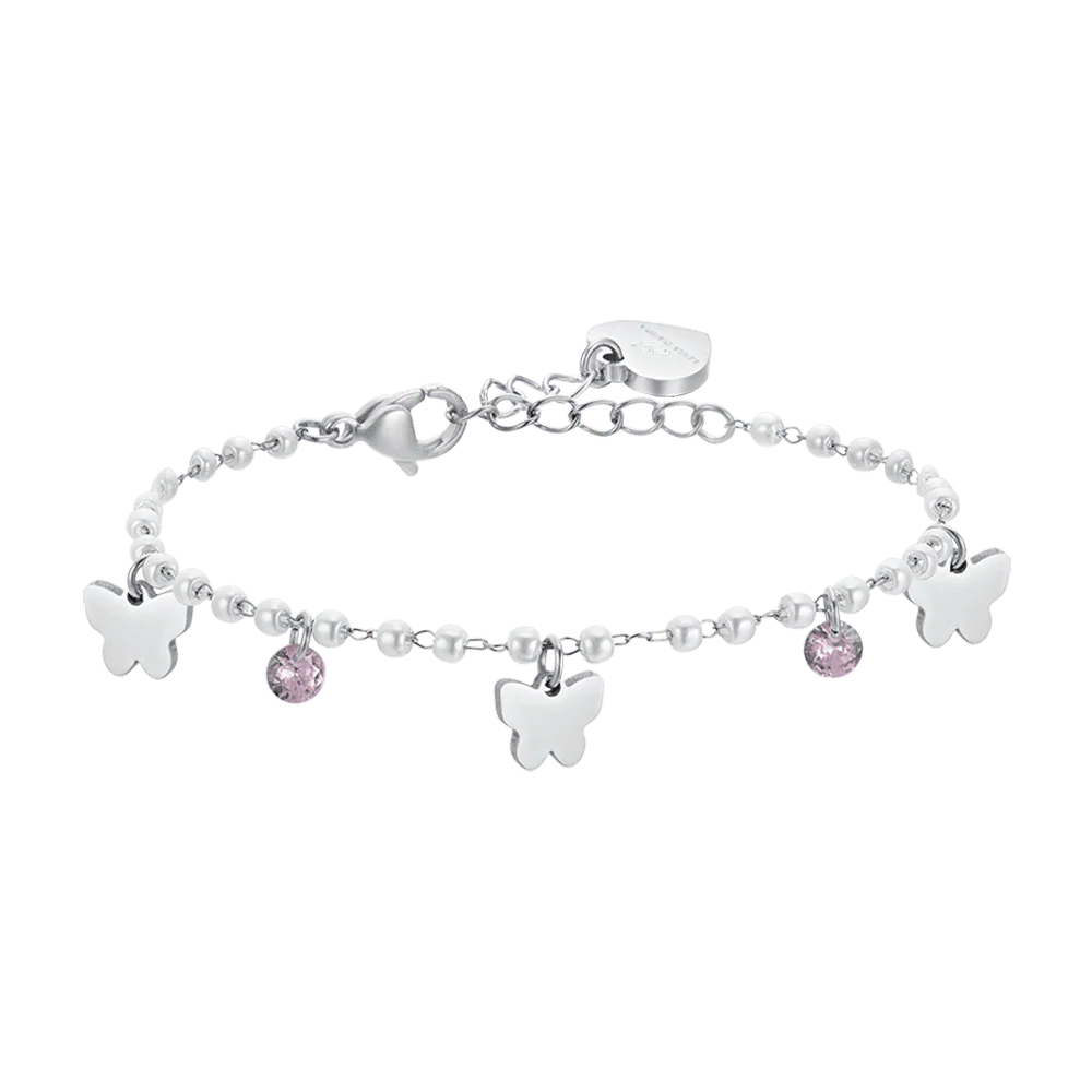 BRACCIALE DONNA IN ACCIAIO PERLE CON FARFALLE