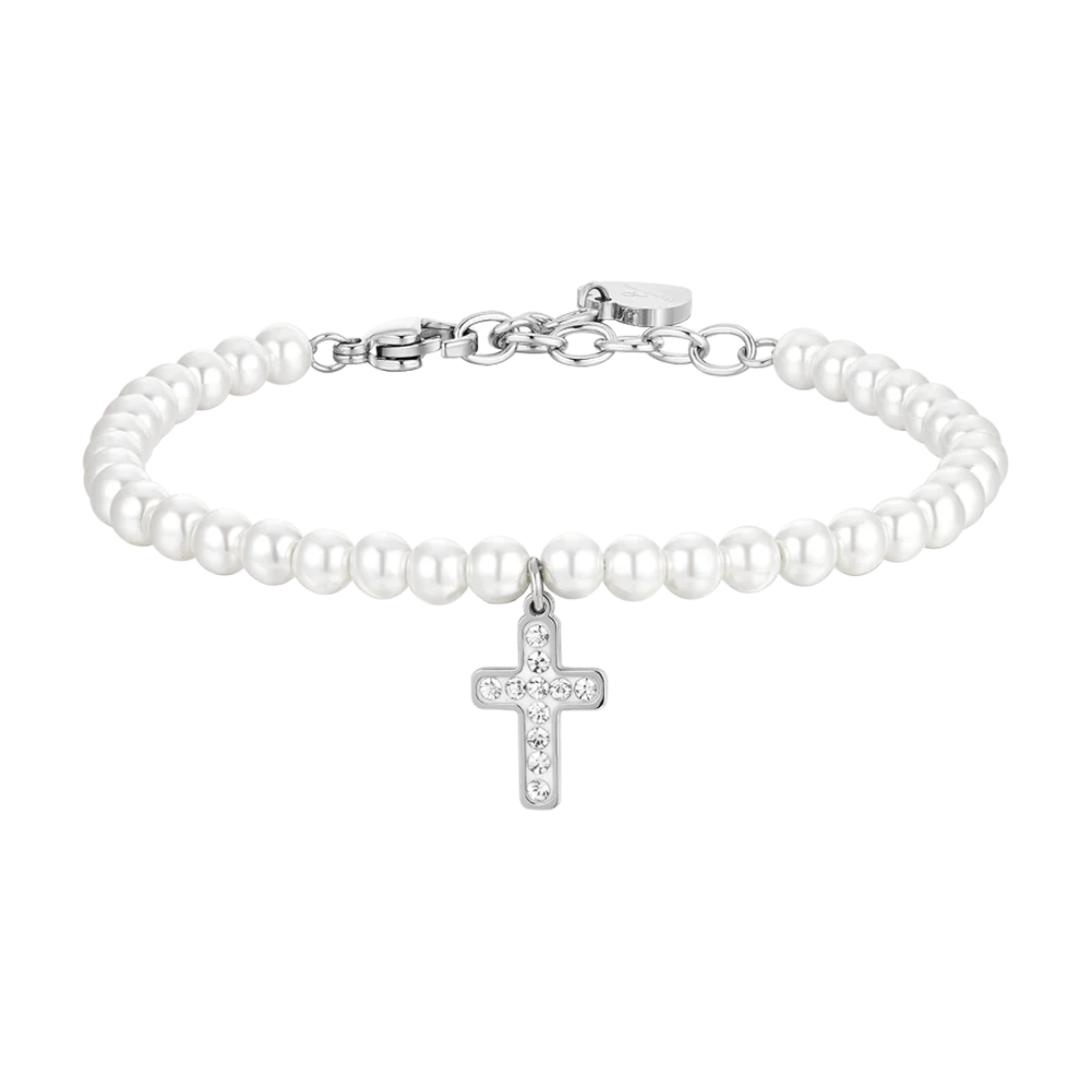 BRACCIALE DONNA IN ACCIAIO PERLE SINTETICHE E CROCE