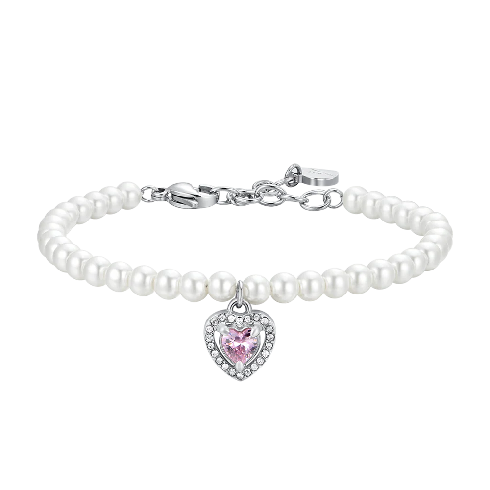BRACCIALE DONNA IN ACCIAIO PERLE SINTETICHE E CUORE ZIRCONE ROSA