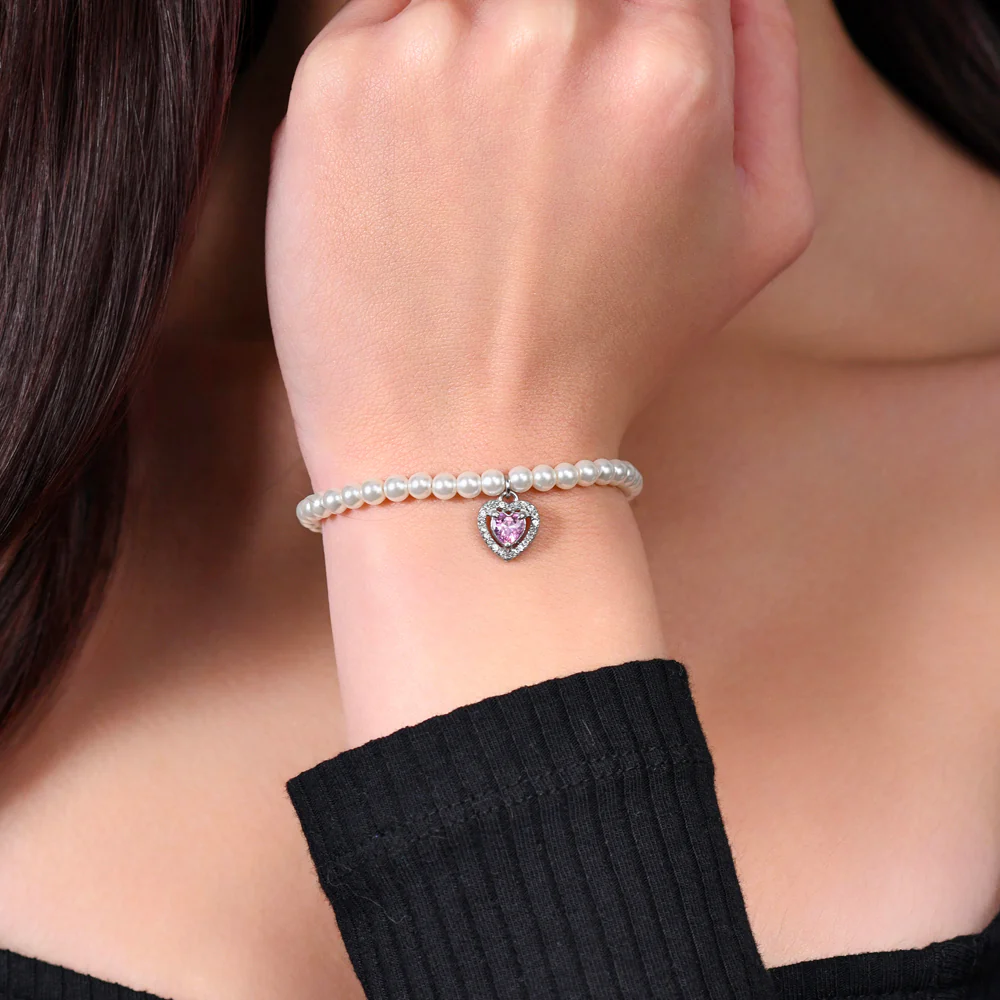 BRACCIALE DONNA IN ACCIAIO PERLE SINTETICHE E CUORE ZIRCONE ROSA - Image 2