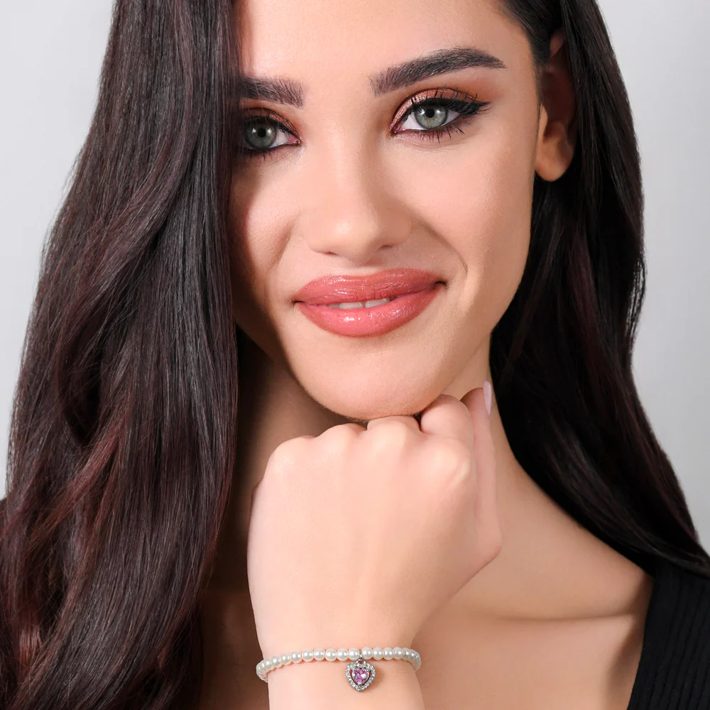 BRACCIALE DONNA IN ACCIAIO PERLE SINTETICHE E CUORE ZIRCONE ROSA - Image 3