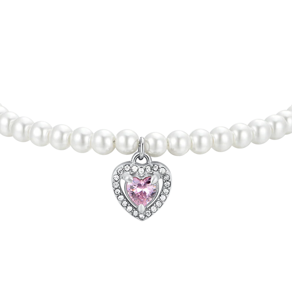 BRACCIALE DONNA IN ACCIAIO PERLE SINTETICHE E CUORE ZIRCONE ROSA - Image 4