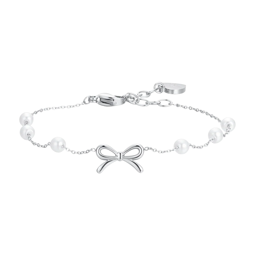 BRACCIALE DONNA IN ACCIAIO PERLE SINTETICHE E FIOCCO