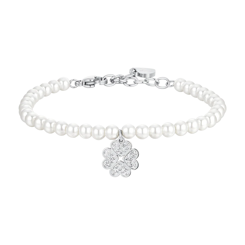 BRACCIALE DONNA IN ACCIAIO PERLE SINTETICHE E QUADRIFOGLIO