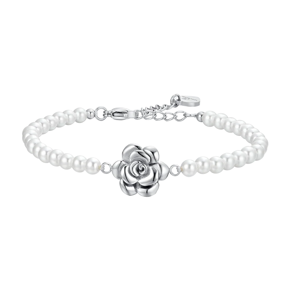 BRACCIALE DONNA IN ACCIAIO PERLE E ROSA IN ACCIAIO