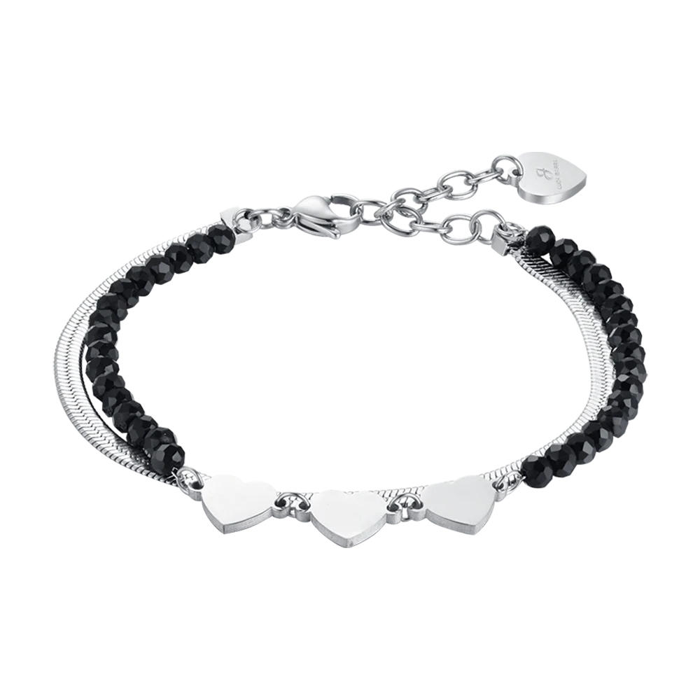 BRACCIALE DONNA MULTIFILO IN ACCIAIO CON CRISTALLI NERI E CUORI
