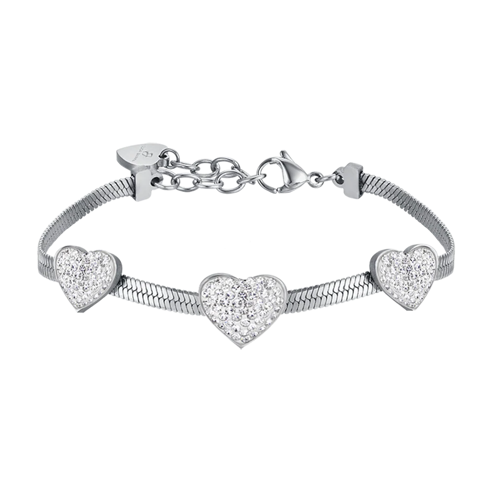 BRACCIALE DONNA SNAKE IN ACCIAIO CON CUORI CON CRISTALLI BIANCHI
