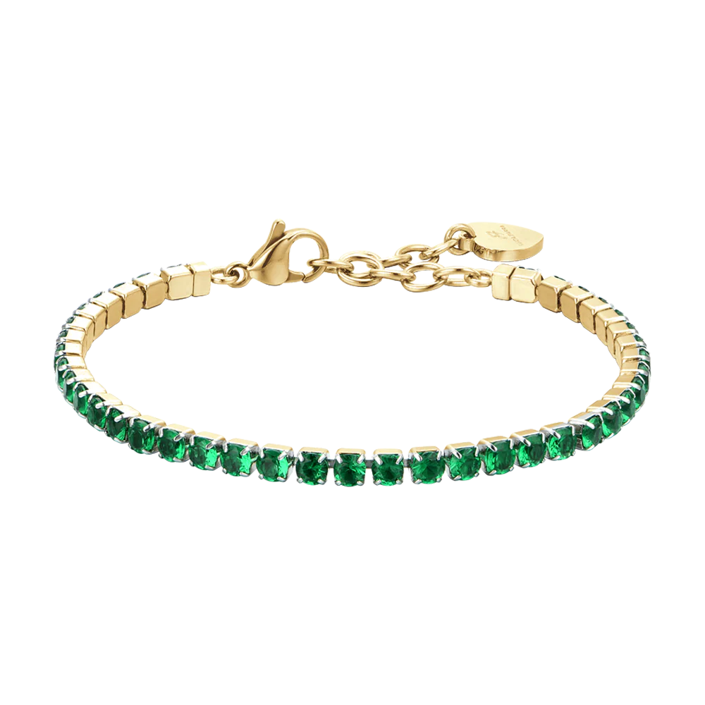 BRACCIALE DONNA TENNIS IN ACCIAIO IP GOLD CON CRISTALLI VERDI