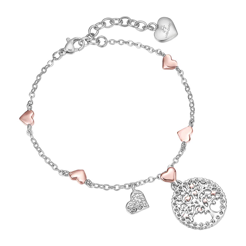 BRACCIALE DONNA IN ACCIAIO ALBERO DELLA VITA CON CIONDOLO E CUORI IN ACCCIAIO IP