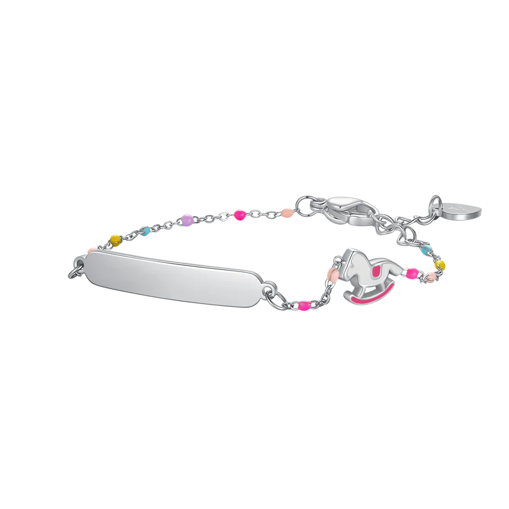 BRACCIALE  IN ACCIAIO, CAVALLO A DONDOLO CON SMALTO ROSA E FUCSIA E PIETRE COLOR