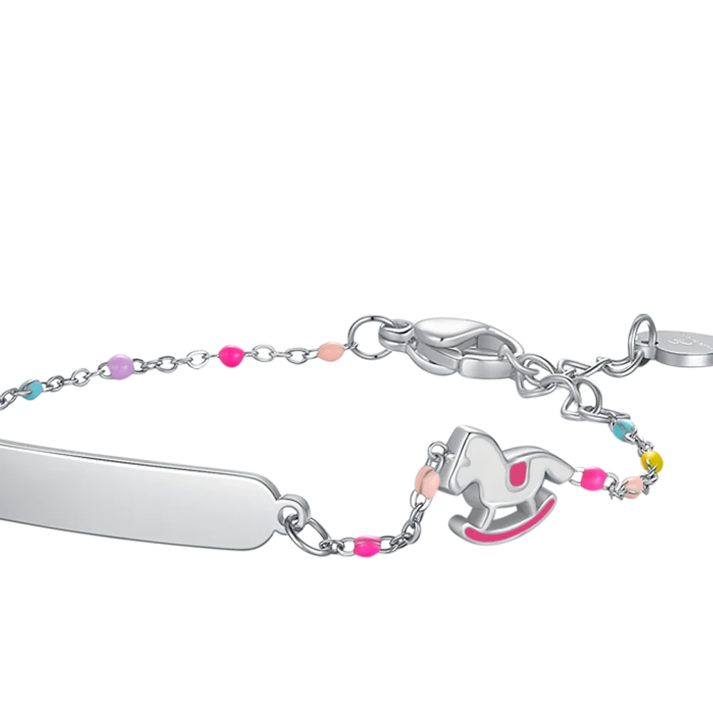 BRACCIALE  IN ACCIAIO, CAVALLO A DONDOLO CON SMALTO ROSA E FUCSIA E PIETRE COLOR - Image 3